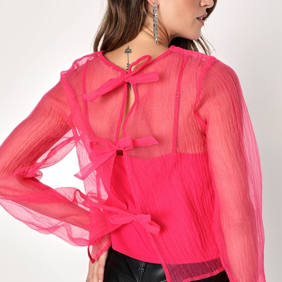 Lulus Street Style Chic Pink Chiffon Sheer Bow Tie-Back Long Sleeve Top Sz Small - Picture 2 of 7
